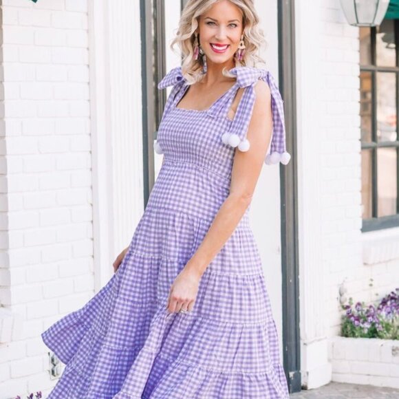 Dresses & Skirts - Gingham Purple/White Dress with Pom Pom Detail